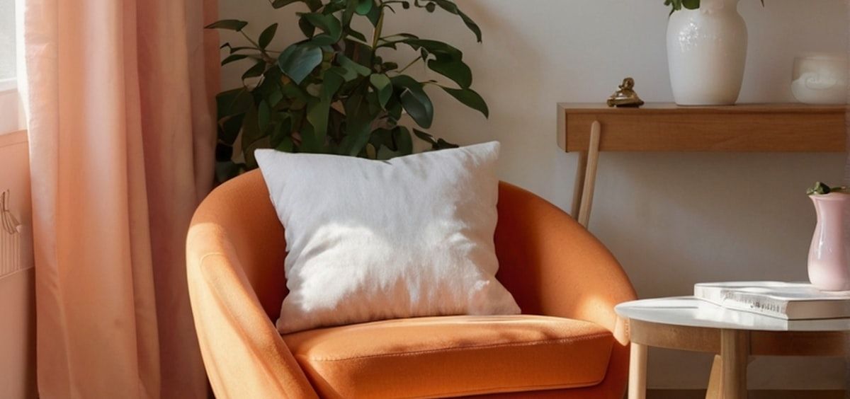 A tidied corner of a living room with an armchair in morning light